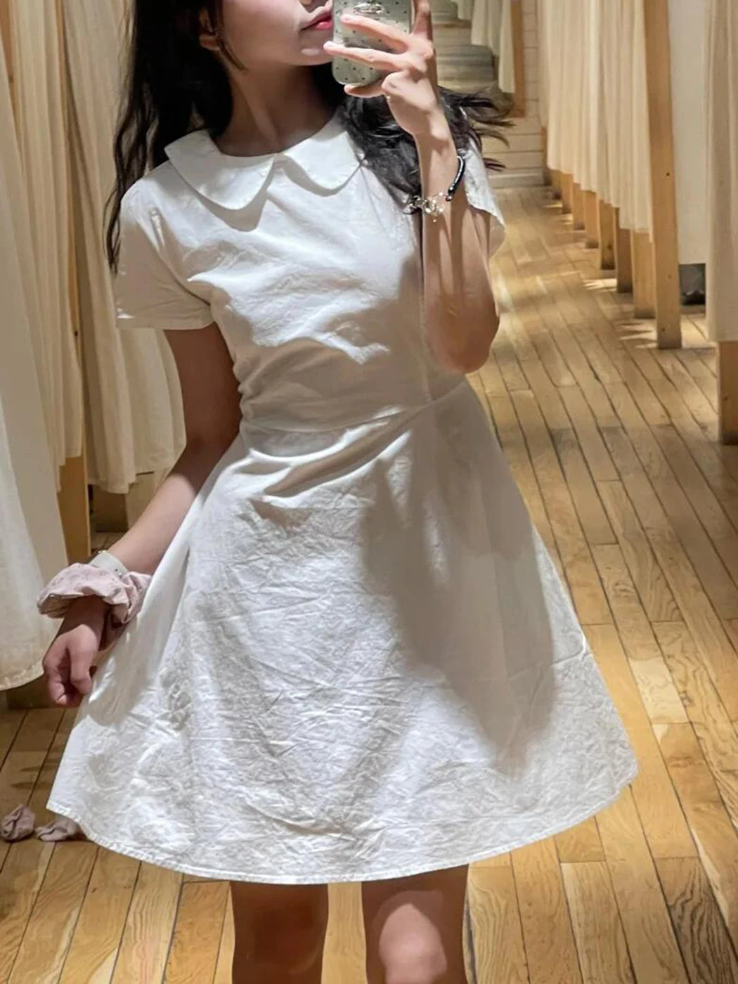 Sweet White Summer Women Dress Cotton Blend Lapel Puff Sleeve Academic Style Short Dress Chic Waist Tied A-line Tutu Dress New