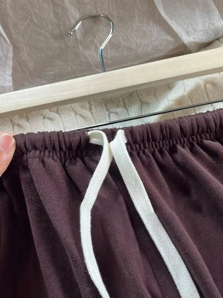 Retro Brown Drawstring Trousers Women Casual Cotton Soft High Waist  Straight Sweatpants Vintage Sweet Sport Long Pants Y2K New