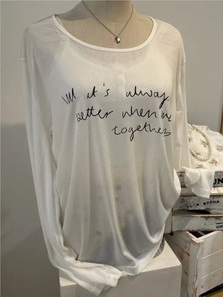 Letter Print Thin Sun Protection T-shirts Women Summer New Cute Casual O-neck Long Sleeve Tees Sweet Chic Preppy Style Tops Y2K