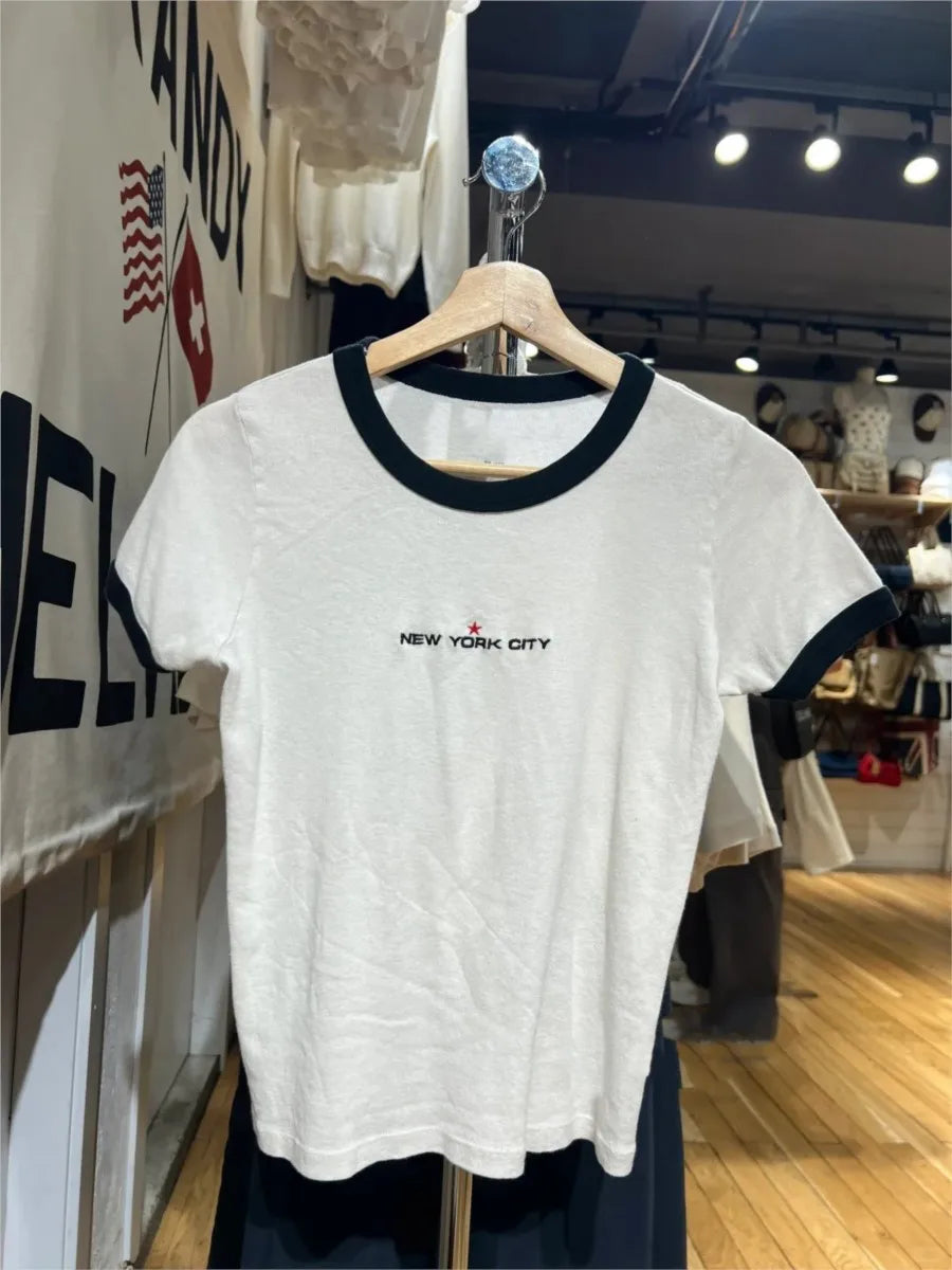 Fashion Apricot Patchwork T-shirts Women Summer New Streetwear Cotton O-neck Short Sleeve Tees Female Preppy Style Chic OOTD Top