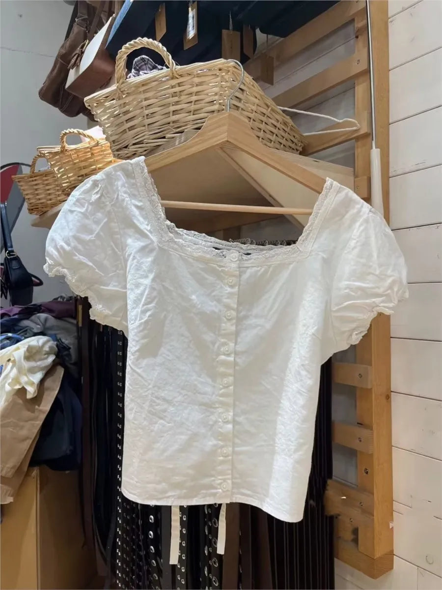 Lace Trim White Buttons Short Sleeve Tees Women Casual Back Lace-up Streetwear Shirt Tops Sweet Chic Preppy Style T-shirts New