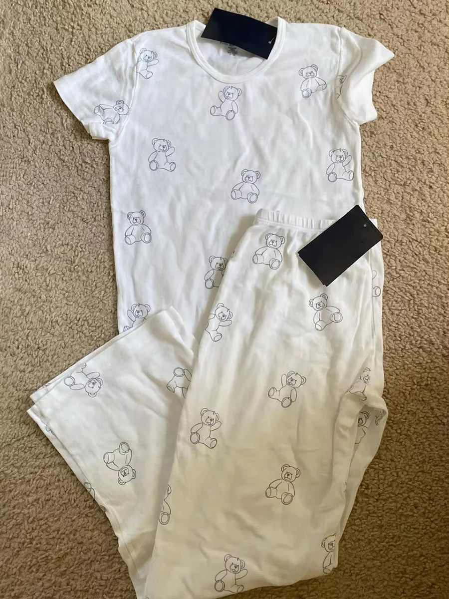 Angel Print T-shirt Pant Pajama Set Woman Short Sleeve Tee+Drawstring Straight Trousers Sweet Cute Cotton Home 2 Piece Sets
