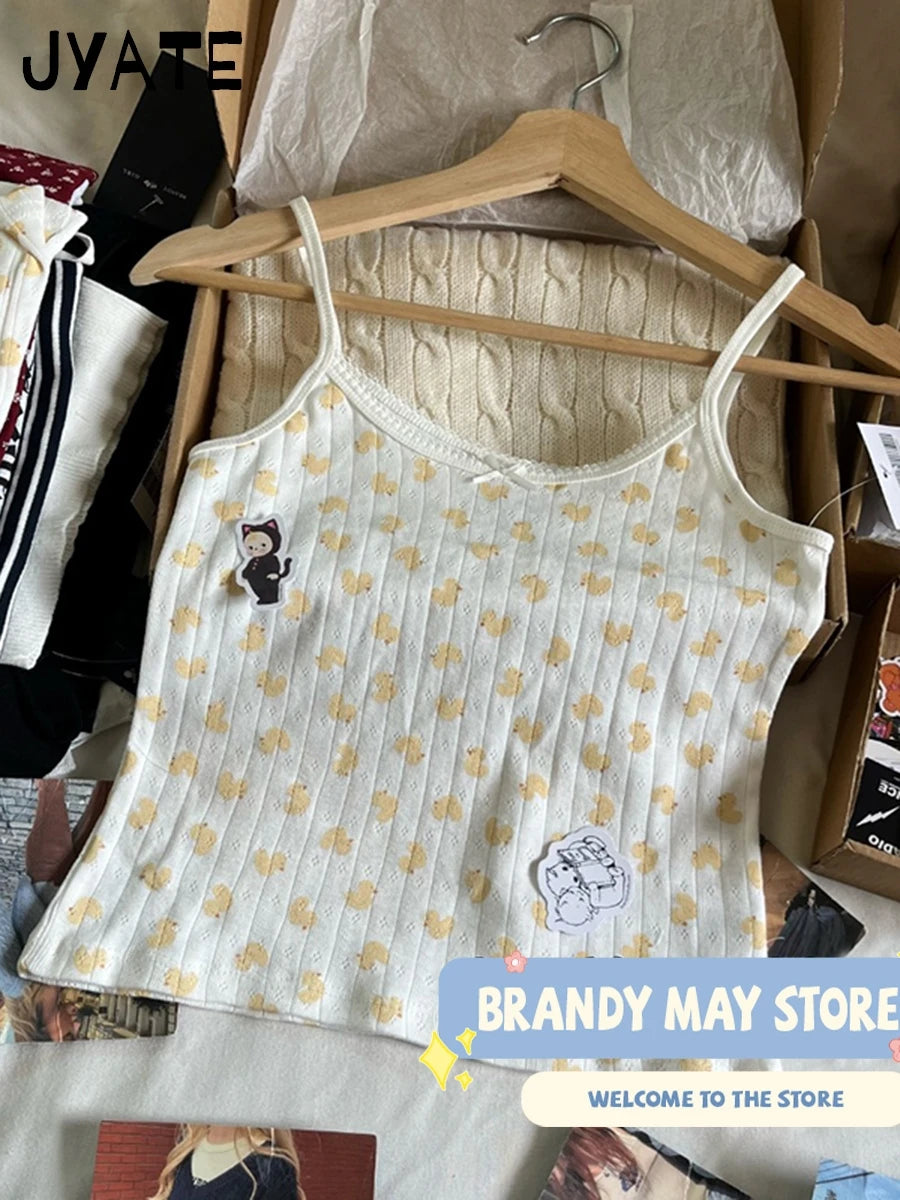 Cute Little Duck Bow Tank Tops Women Summer New Cotton Soft Chic Slim Eyelet Sleeveless Vests Sweet Casual Vintage Camisole Y2K