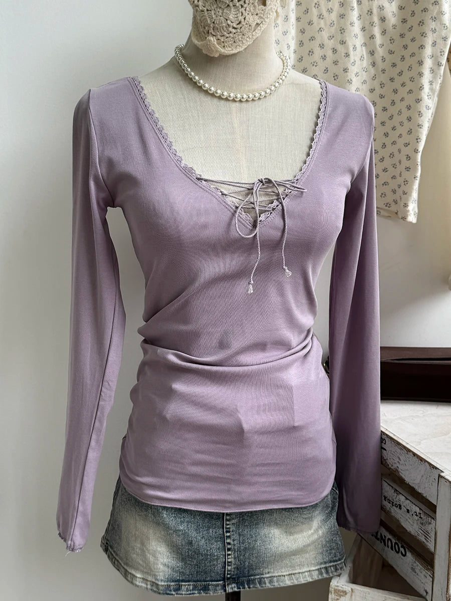 Lace Trim Long Sleeve Tees Women Spring Streetwear Cotton Slim V-neck Lace-up Tops Sweet Cute Pink Chic T-shirts