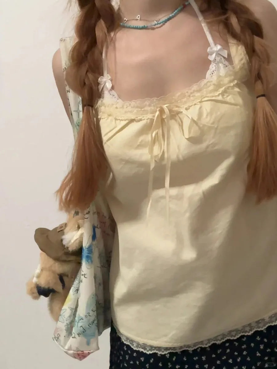 Butter Yellow Lace Trim Long Camisole Women Summer Casual Streetwear Simple Thin Bow Square Neck Tank Tops Sweet Cute Y2K Vests