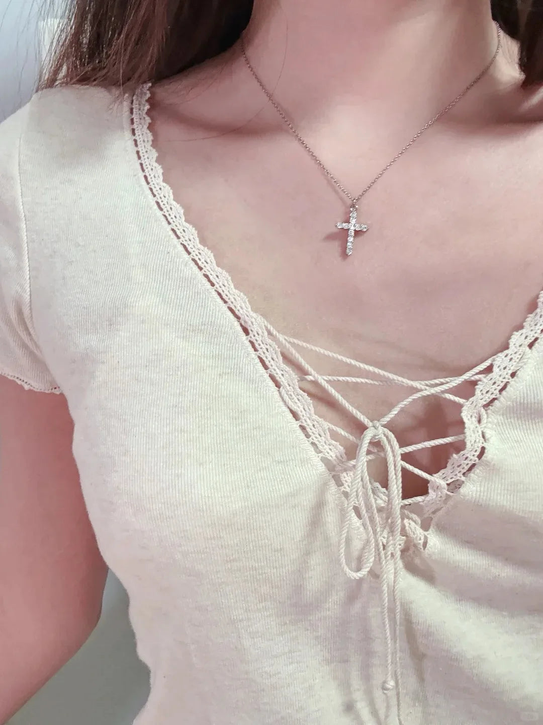 Lace Trim Slim T-shirts Women Summer Streetwear Cotton Lace-up V-neck Short Sleeve Tees Female Sweet Simple Chic Tshirts Y2K