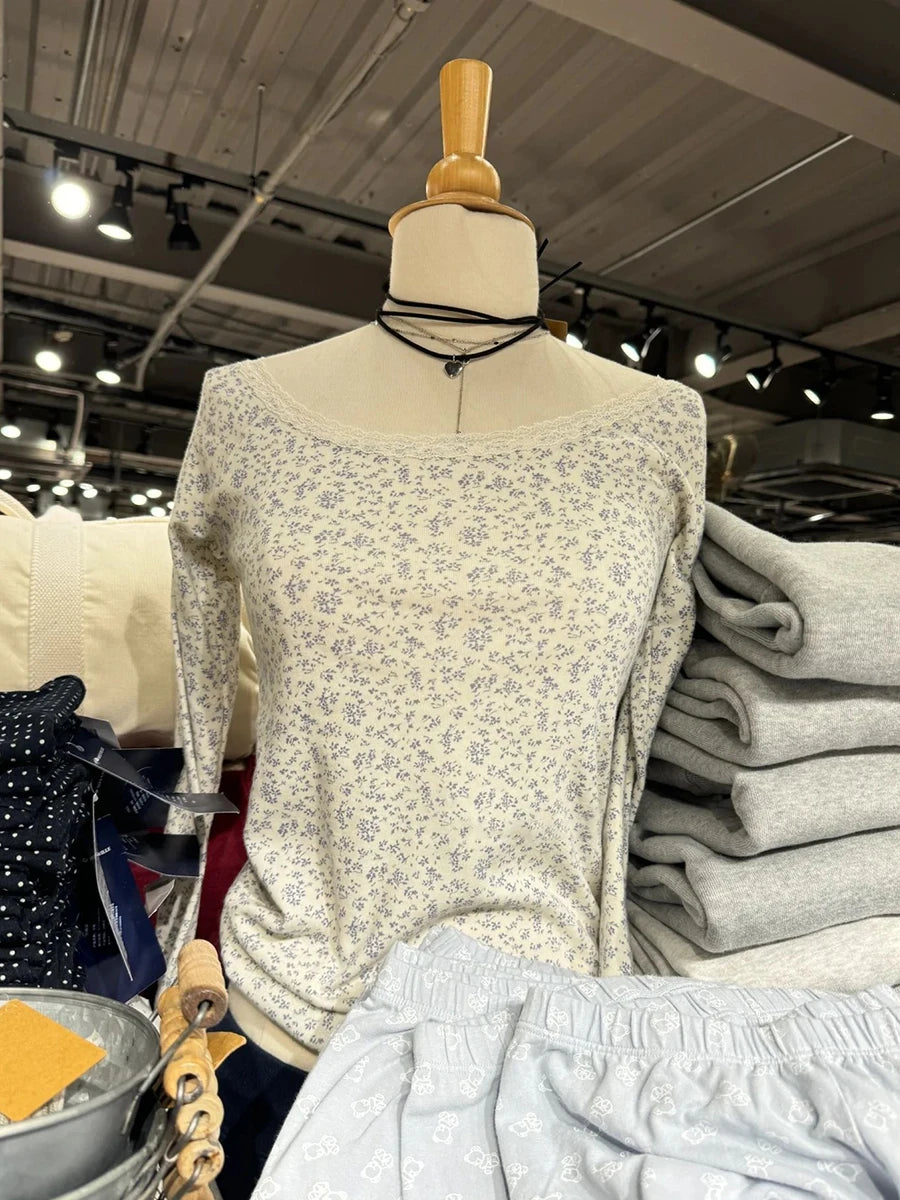 Sweet Floral Lace Trim Long Sleeve T-shirt Women Autumn Sexy Scoop Neck Cotton Slim Tees Vintage Streetwear Chic Tshirt Y2K Tops