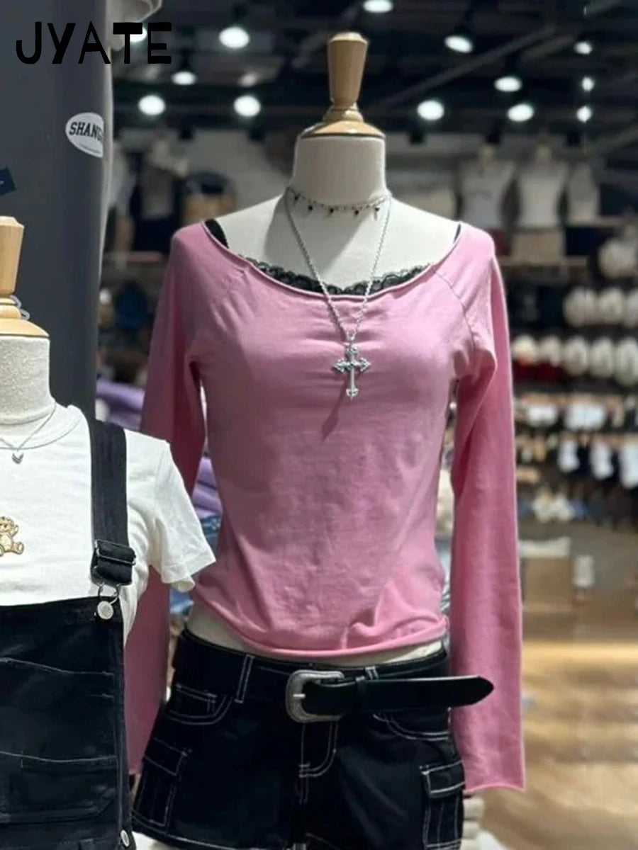 New Pink Raw Hem Long Sleeve Tees Women Casual Cotton Streetwear Slim Scoop Neck Crop Tops Femme Sweet Vintage Cute T-shirts Y2K