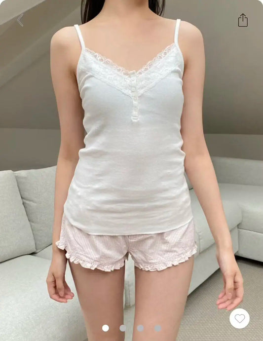 Lace Trim Four Buttons Slim Tank Top Woman Summer V-neck Sleeveless Cotton White Simple Vest Vintage Sweet Basic Camisole