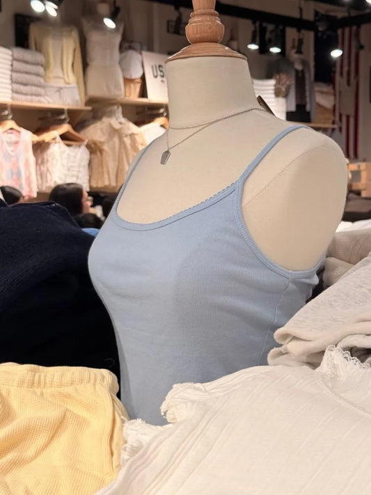 Blue Lace Trim Slim Cotton Tank Top Women Summer Casual Sleeveless Slim U collar Camisole Sweet Cute All-match Y2K Vest Tops