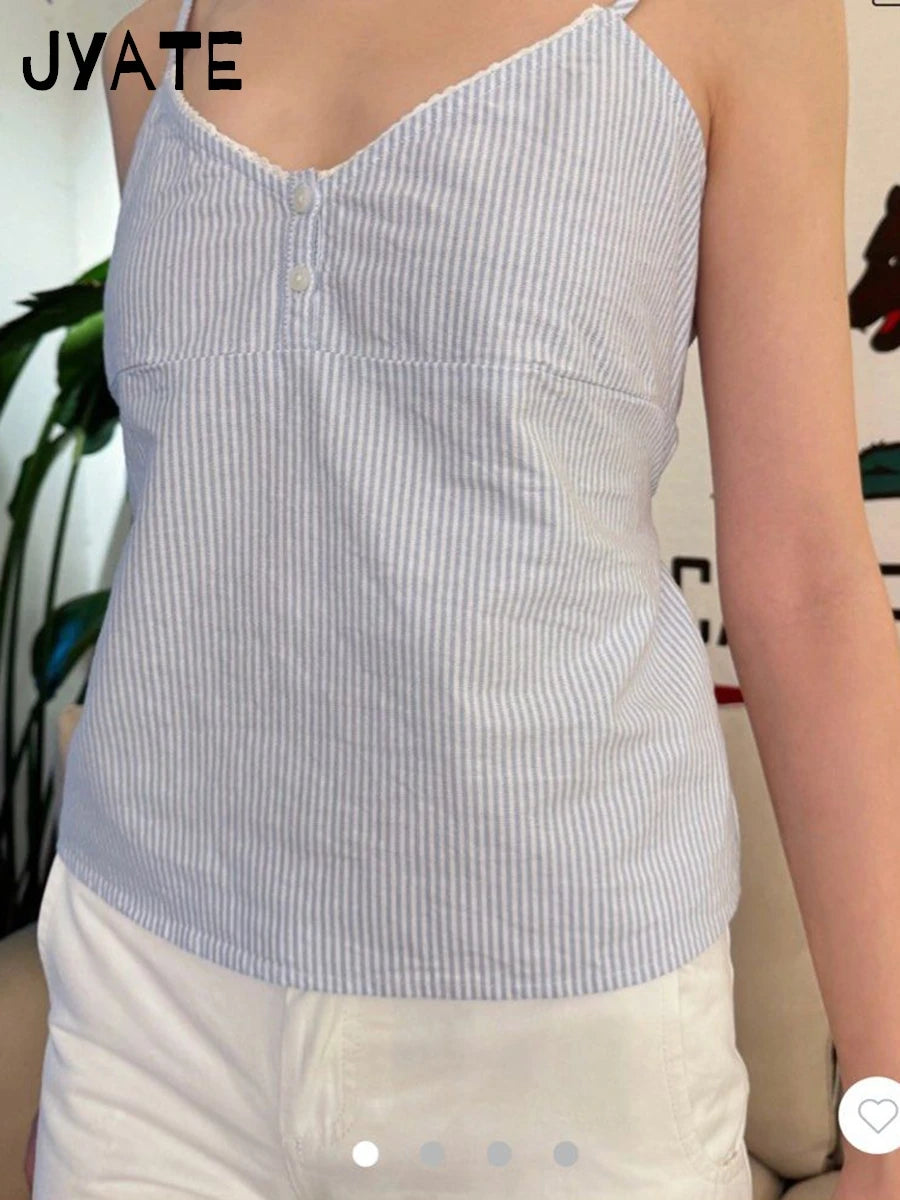Pink Striped Buttons Tank Tops Women New Casual V-neck Lace Trim Preppy Style Sleeveless Vests Sweet Cute Vintage Camisole Y2K