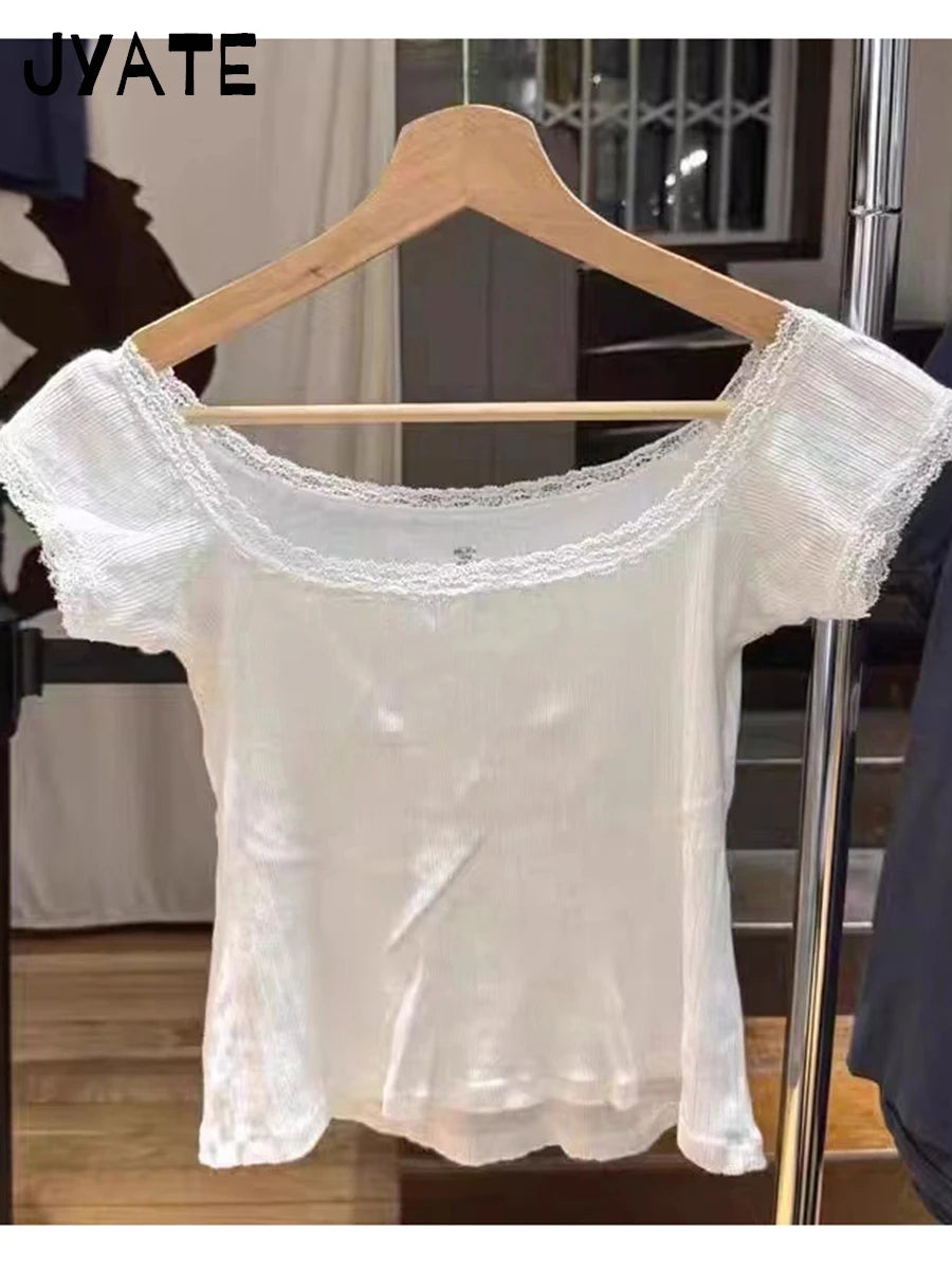 Lace Trim Square Neck Short Sleeve Tees Women New Cotton Casual Sexy Slim Simple Crop Tops Sweet Cute Vintage Basic T-shirts Y2K
