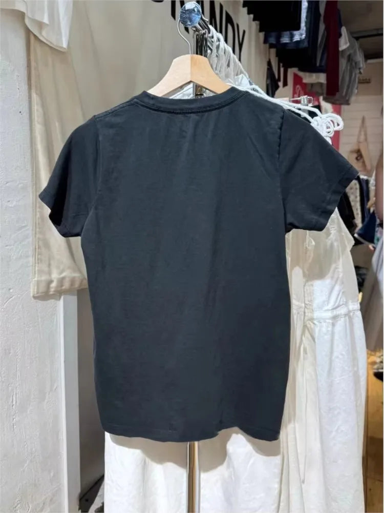 Letter Graphic Print Cotton T-shirts Women Summer O-neck Black Casual Simple Short Sleeve Tees Street Vintage Y2K Tops