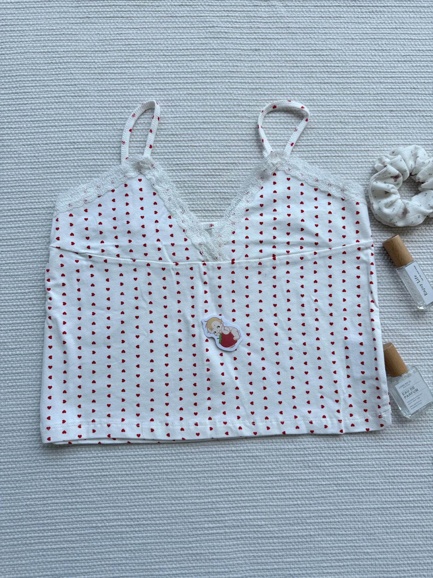 Red Heart Print 2 piece Sets Women Summer Cotton Lace Trim V-neck Camisole+Short Pants Sweet Home Short Outfits Y2K Clothes New