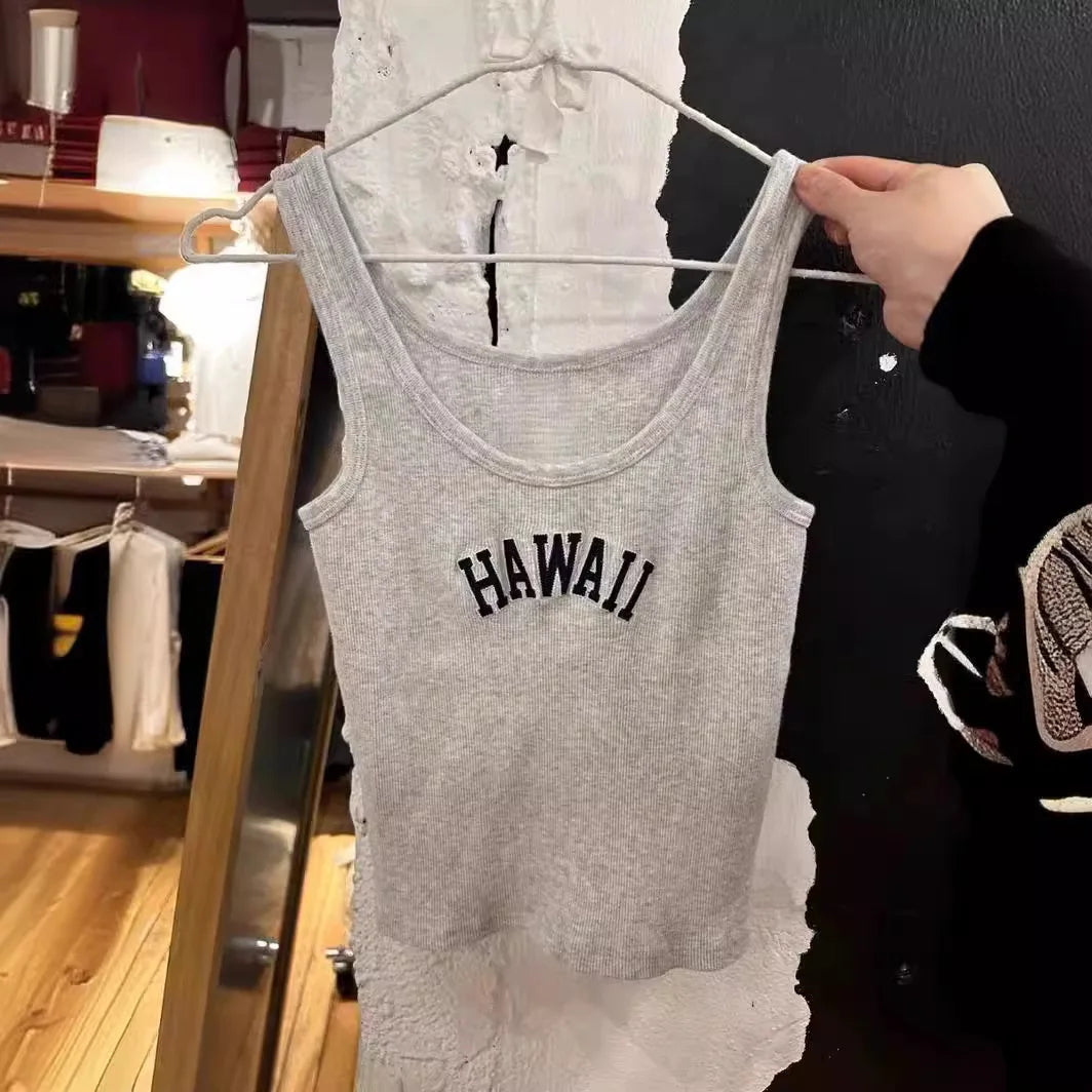 Fashion Gray Letter Print Sleeveless Vests Women Summer Slim Sexy Ribbed Chic Streetwear Crop Tops Female Vintage Y2K Cute Camis