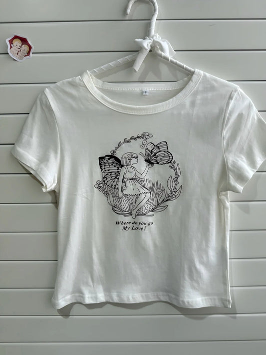 Print Crop Tops Women Summer Casual Streetwear Simple Cotton O-neck Slim Short Sleeve Tees Sweet Preppy Style Chic T-shirts Y2K