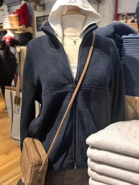 Navy Lambskin Cropped Zipper Thick Coats Women Autumn Turn Down Collar Preppy Style Jacket Simple Streetwear Chic Outerwear