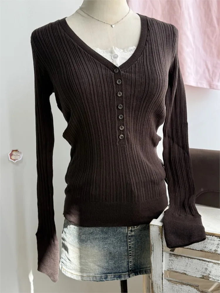 Knitted V-neck T-shirts Women Autumn Buttons Slim