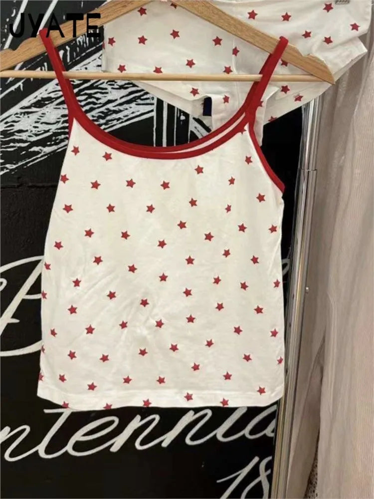 Sweet Red Stars Print Sleeveless Vests Women Summer New Cotton Casual Slim Preppy Style Tank Tops Cute Streetwear Vintage Camis