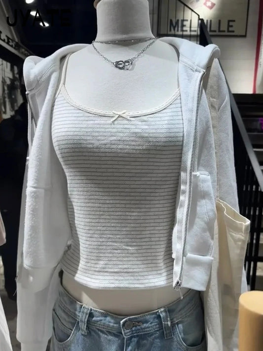 American Blue Striped Hollow Out Tank Tops Women Summer New Cotton Bow Lace Trim Sleeveless Vests Sweet Cute Vintage Camis Y2K