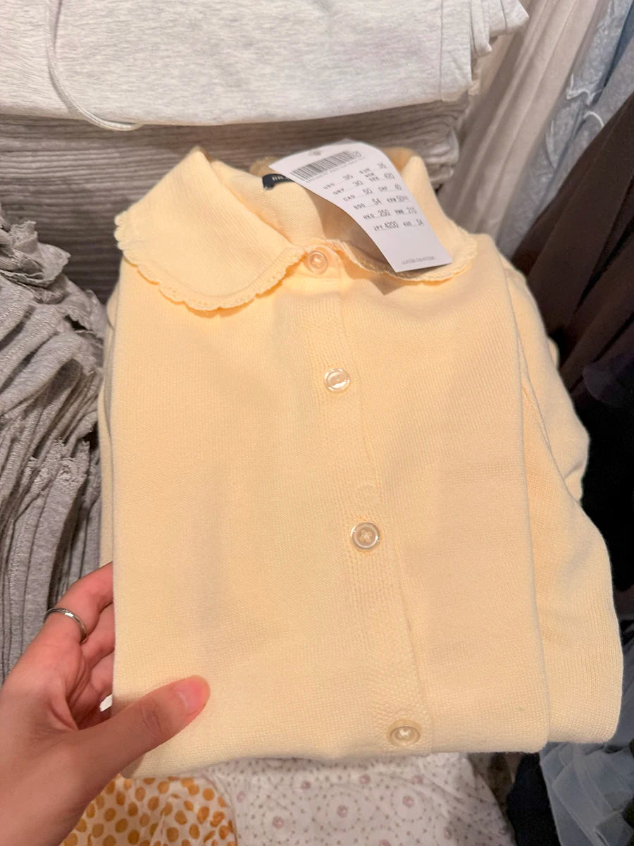 Yellow Babydoll Top Cardigan Women Autumn Lace Trim Collar Cotton Buttons Knitted Jumper Cute Sweet Preppy Style Sweater New Y2K