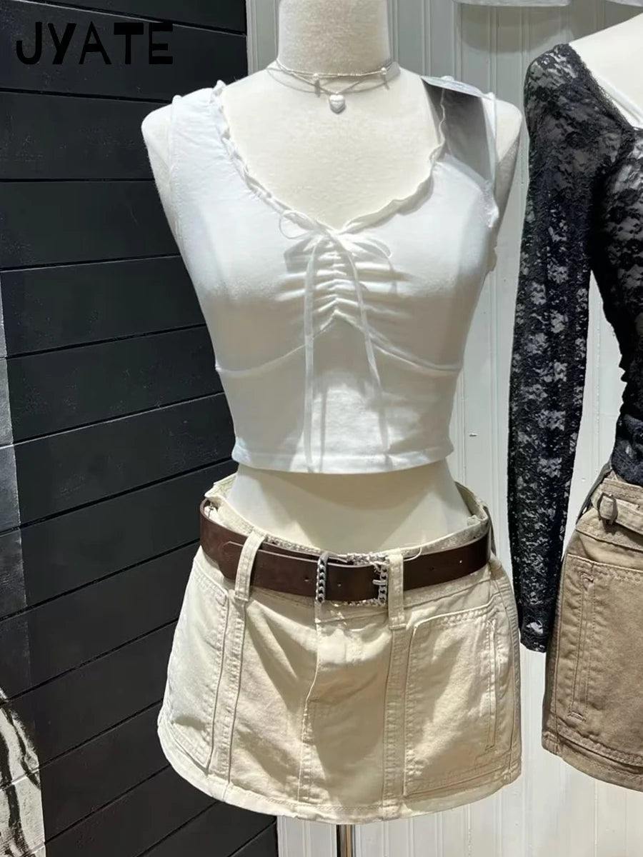 White Ruffles V-neck Cotton Soft Crop Tops Women New Casual Slim Preppy Style Sleeveless Camis Sweet Cute Vintage Tank Top Y2K