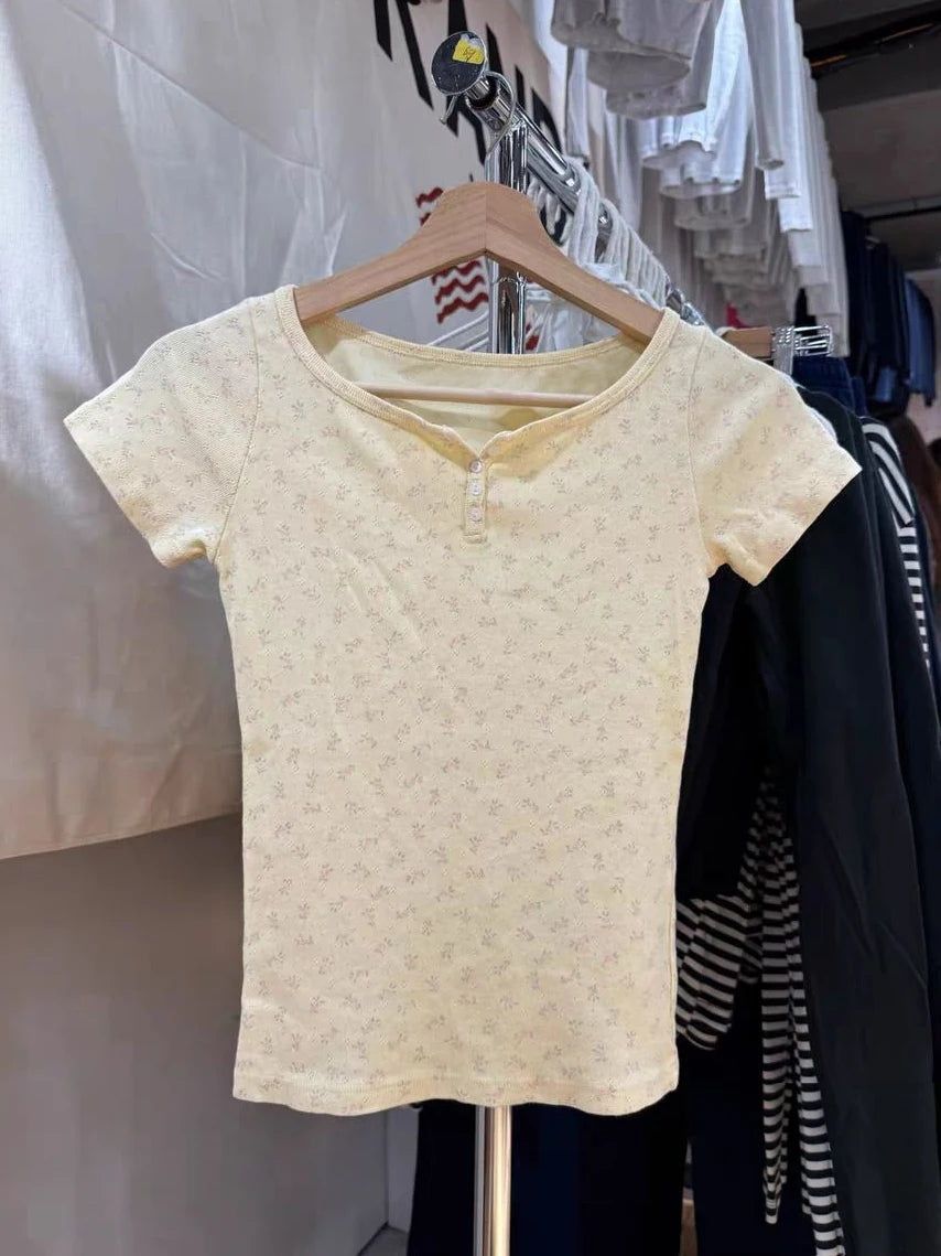 Floral Yellow Home Pajama Sets Women Summer Eyelet Tees Waffle Straight Short Pant Sweet T-shirt Shorts Sweet 2 Pieces Outfits
