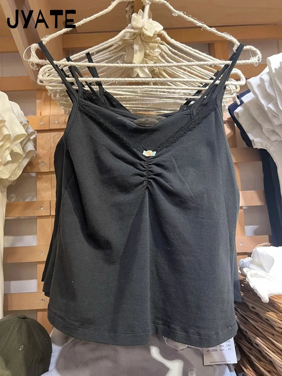 Harajuku Black Lace Trim Tank Tops Women Summer New Casual Cotton Flower Folds Sleeveless Vests Vintage Chic Sweet Camisole Y2K