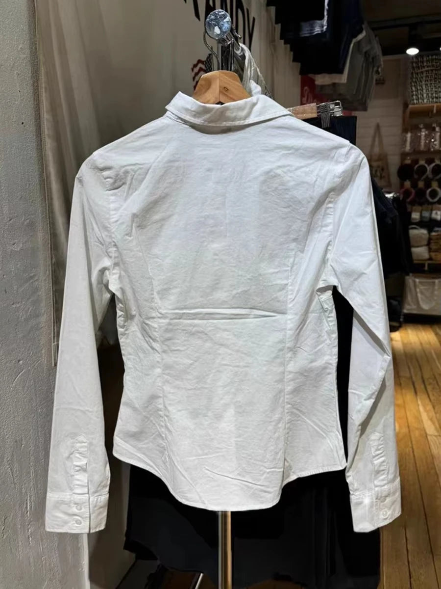 Sweet Solid Buttons Slim Blouse T-shirts Women Casual Turn down Collar Long Sleeve Tee Girls Cute Preppy Style Y2K Crop Tops New