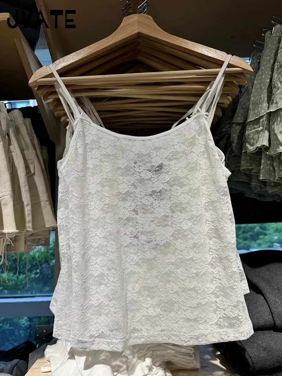 White Bow Lace Sheer Slim Tank Tops Women Summer New Sexy All-match Smock Preppy Style Crop Top Sweet Cute Y2K Camisole Clothes