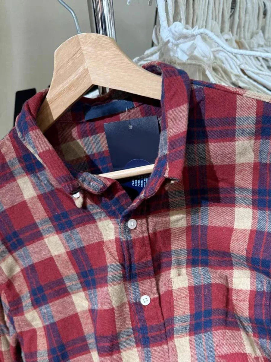 Chic Red Plaid Pocket Cotton Shirts Autumn Turn Down Collar Single-Breasted Cozy Loose Blouse Vintage Streetwear Oversized Tee