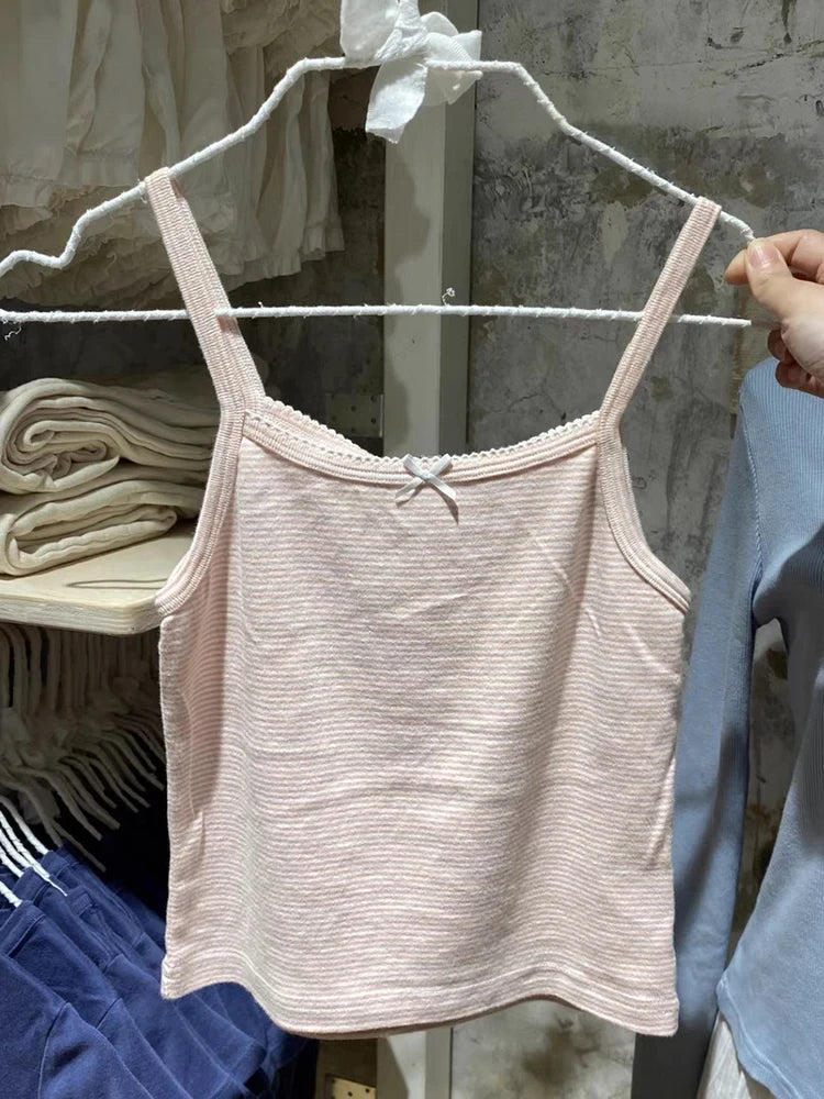 Sweet Slim Pink Striped Camisole Women Summer New Cotton Streetwear Sexy Cute Sleeveless Vests Female Chic Vintage Y2K Tank Tops