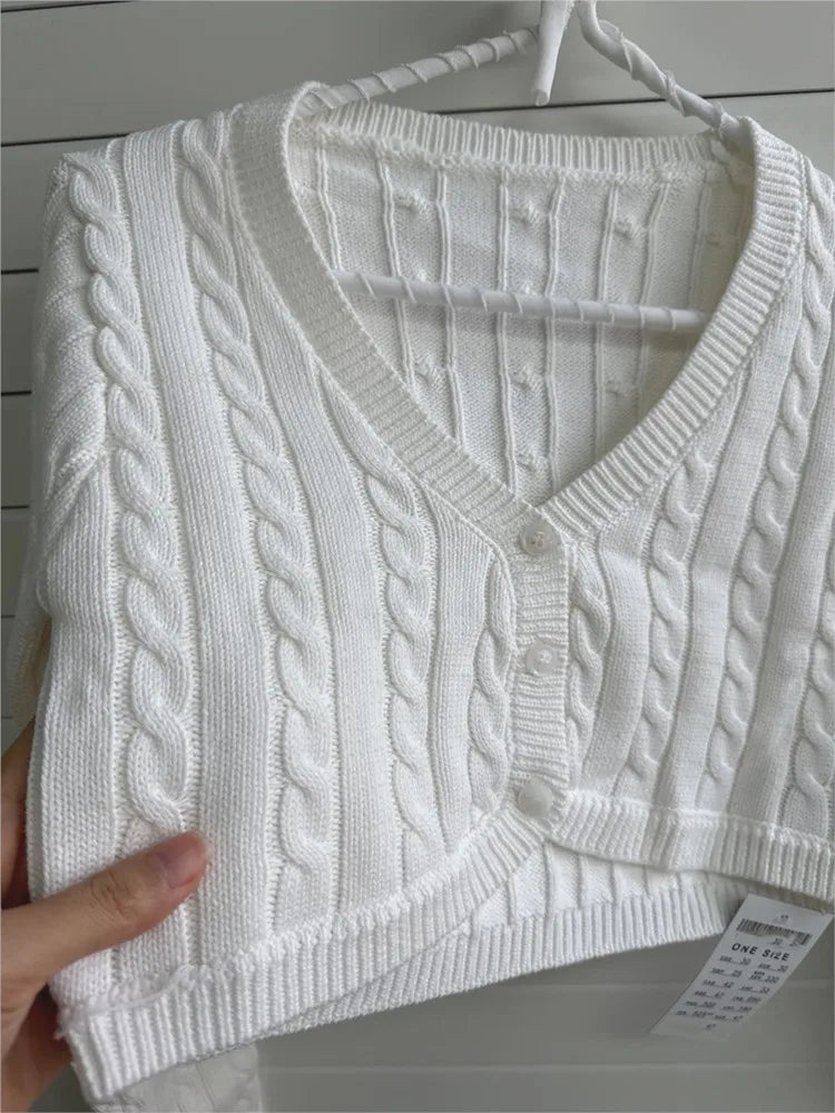 White Cable Knit Cropped Cardigan Women Sexy Chic V-neck Slim Long Sleeve Sweaters Vintage Preppy Style Knitwear Y2K