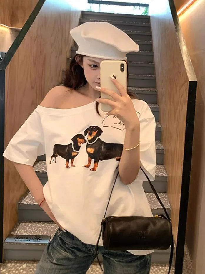 NO.84 Print Slash Neck T-shirts Women Summer New Sexy Cotton Slim Short Sleeve Tees Vintage Sweet Preppy Style Tshirt Y2K Tops