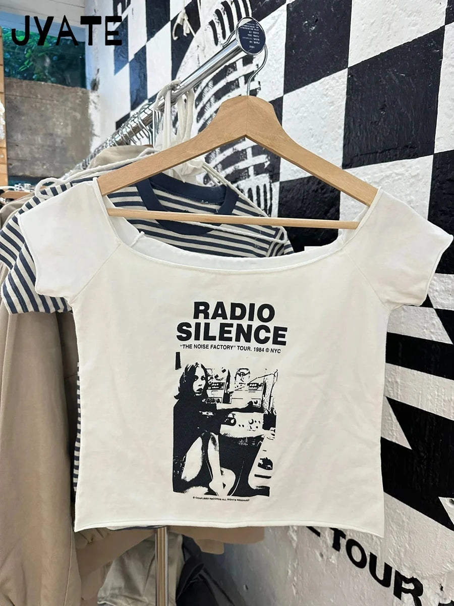 Radio Print Slash Neck Crop Tops Women New Cotton Slim Streetwear Raw Hem Short Sleeve Tee Harajuku Vintage Y2K T-shirts