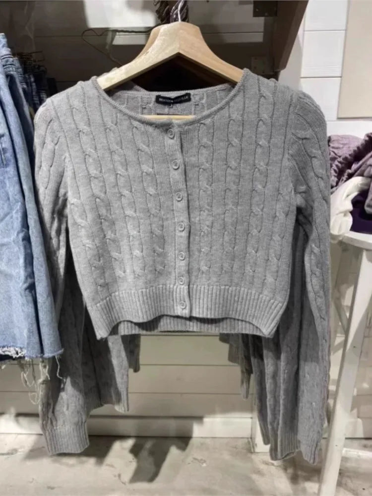 Vintage Navy O-neck Knit Cardigan Women Autumn New Cotton Casual Streetwear Slim Cropped Sweaters Simple Sweet Y2K Jumper Tops