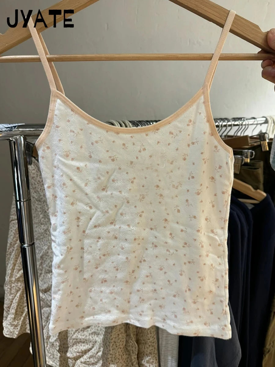Eyelet Floral Print Patchwork Pink Tank Tops Women Summer New Casual Cotton Soft Slim Crop Top Preppy Sweet Cute Chic Camis Y2K