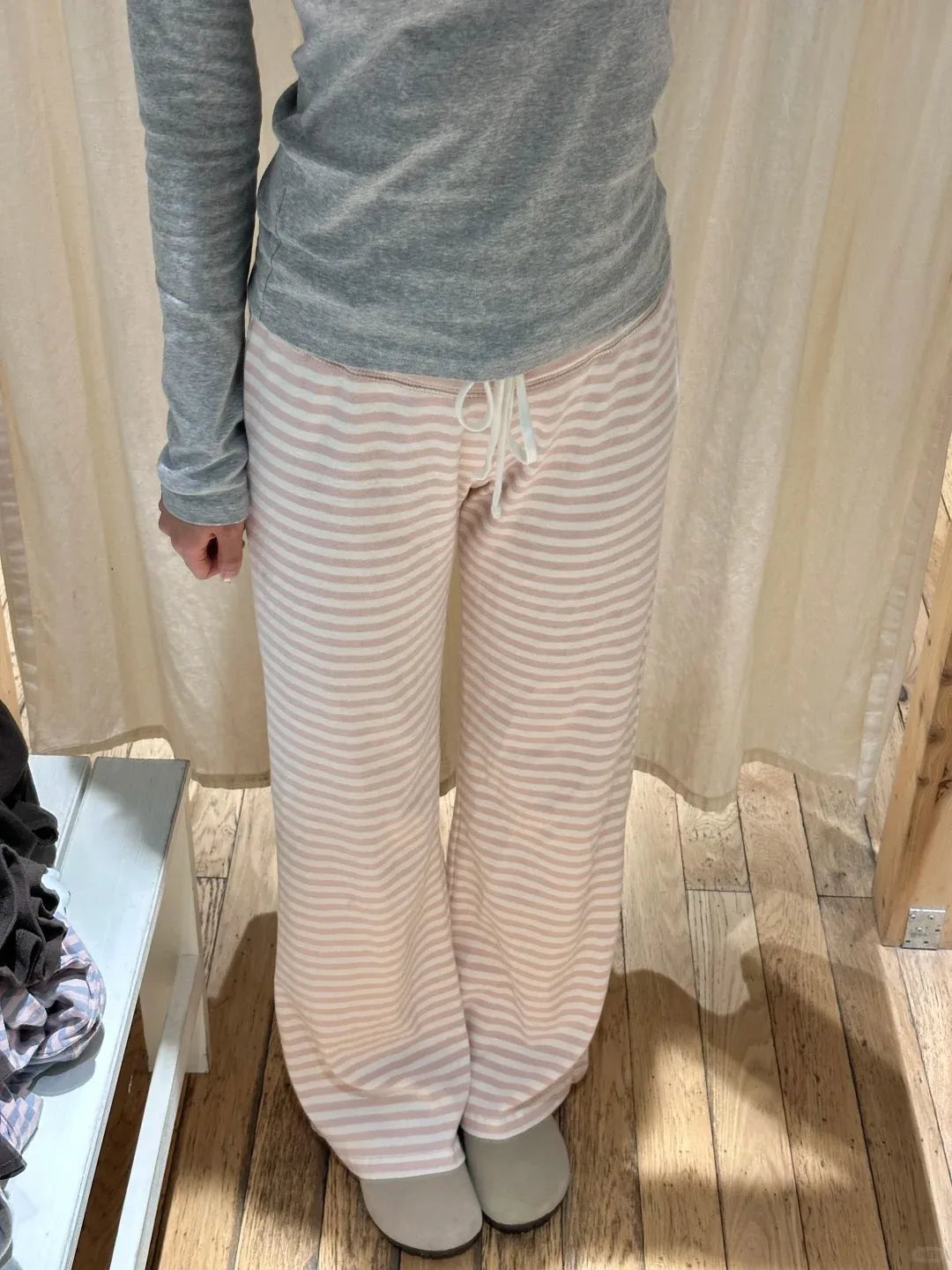 Sweet Pink Striped Drawstring Wide Leg Pants Women Autumn Cotton Soft High Waist Casual Sweatpant Chic Preppy Style Y2K Trousers