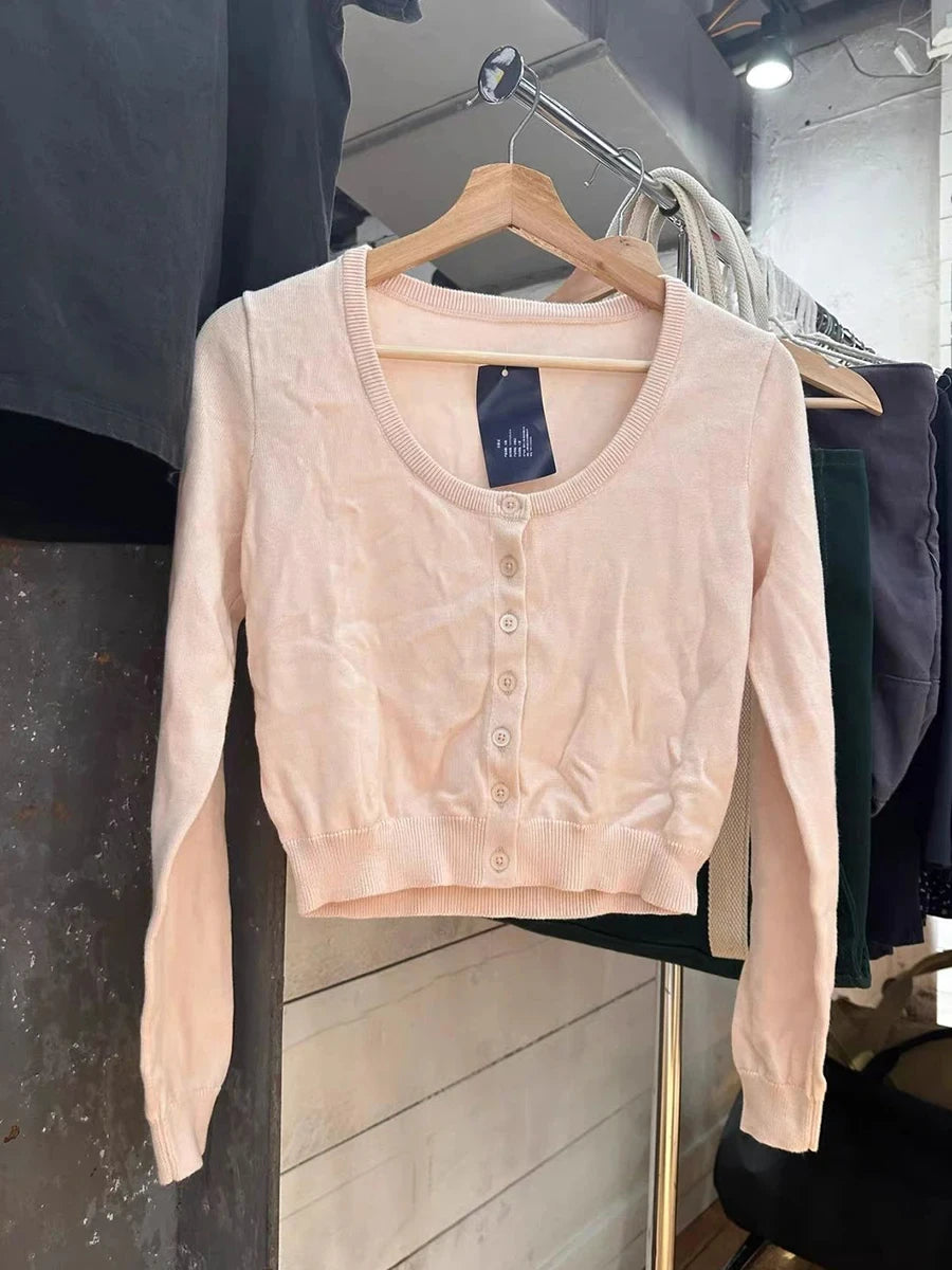 Pink Simple Slim Short Knitted Cardigan Sweaters Women Casual Cotton Metal Ring Button Sweater Coats Vintage Sweet Crop Tops