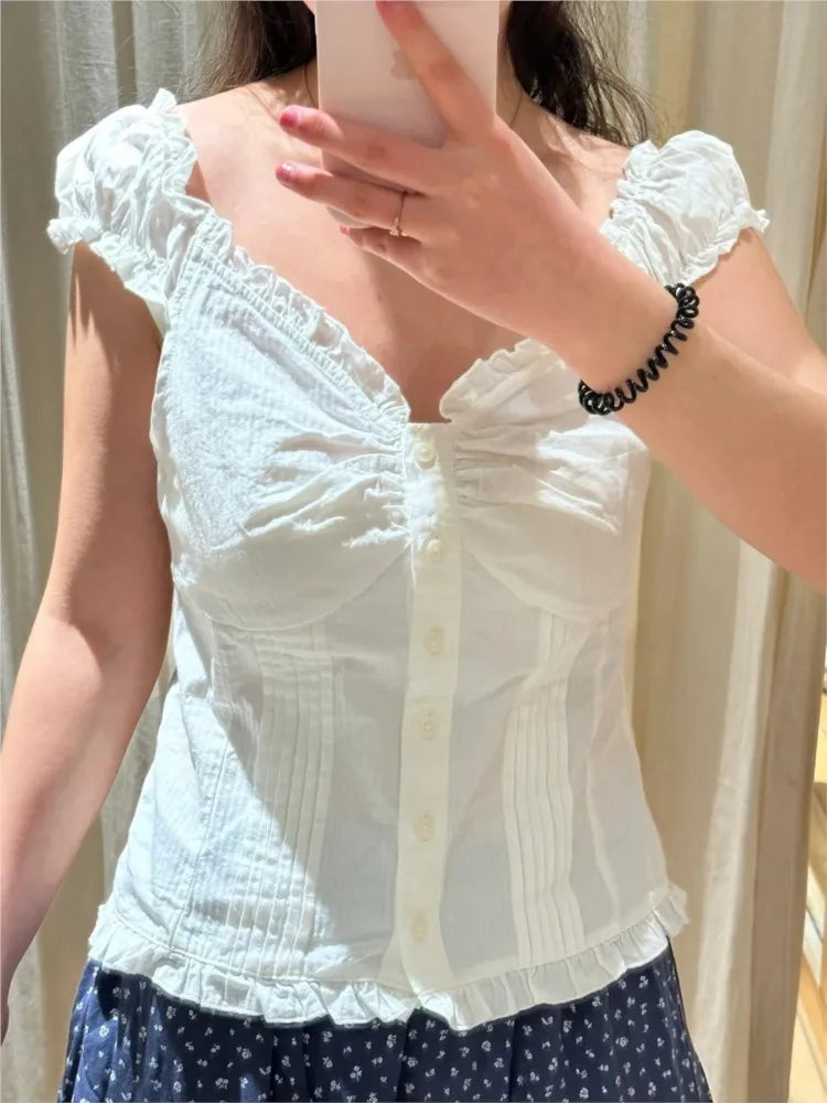 White Buttons V-neck Slim T-shirts Women Summer Lace Trim Retro Cotton Short Sleeve Tees Female Sweet Cute Street Tops Y2K