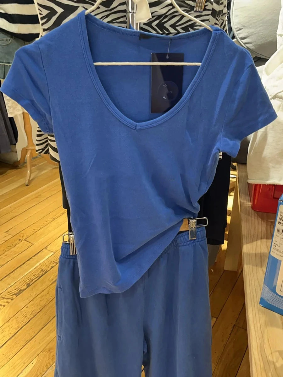Electric Blue Basic T-shirt Pant Sets Women Casual O-neck Short Sleeve Tee+Straight Sweatpant Cute Preppy Style 2 Piece Set Y2K