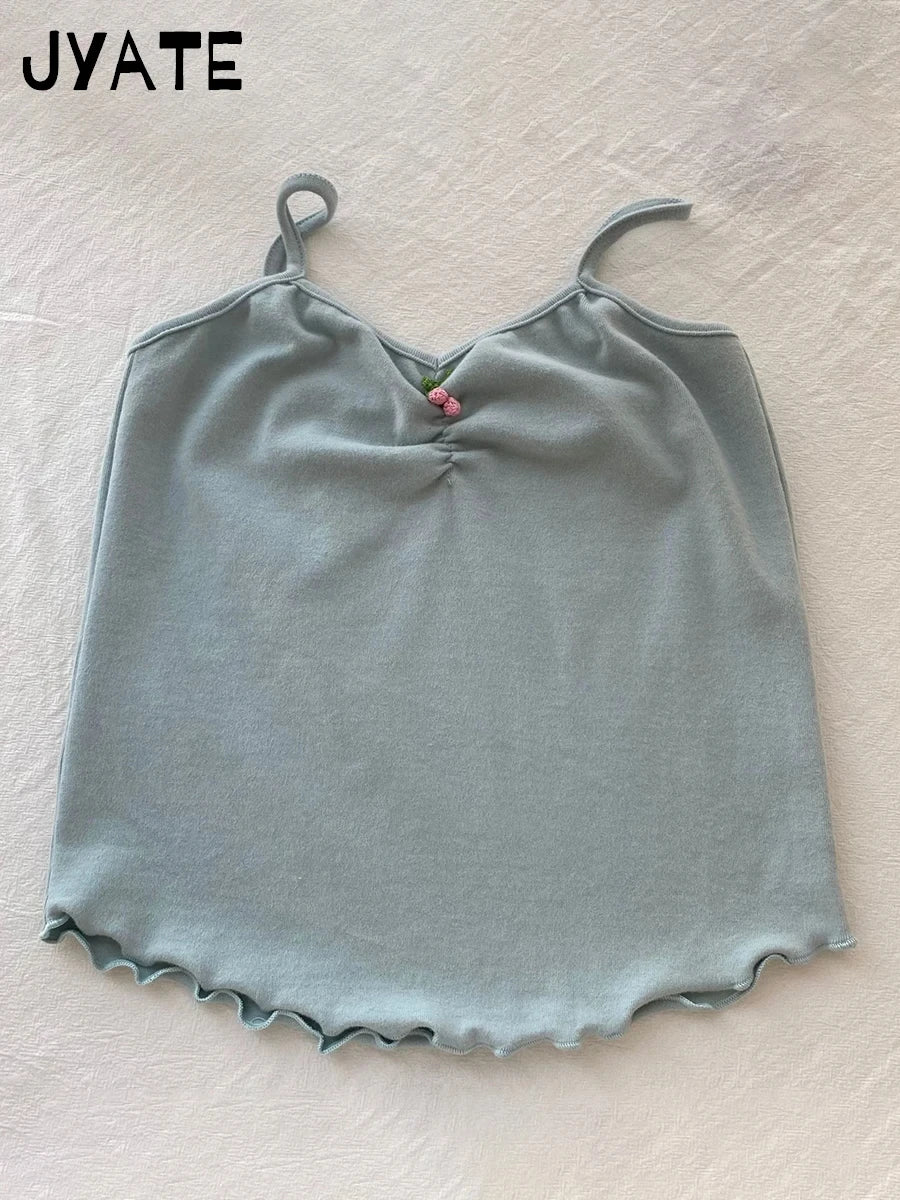 New Sweet Tie Flowers Fungus Trim Camis Women Cotton Streetwear Slim Simple Cropped Vests Cute Basic Preppy Style Tank Tops Y2K