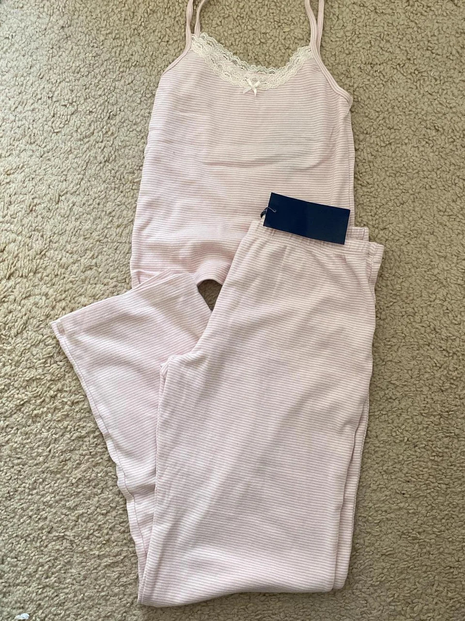 Pink Heart Slim Home Pajama 2 Piece Sets Women Summer Lace Trim Bow Camis+Cozy Straight Trouser Sweet Preppy Style Tank Pant Set