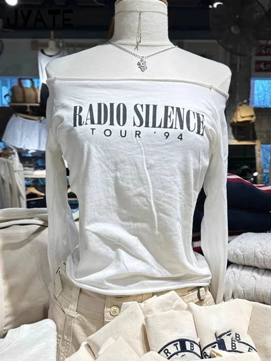 Sexy Slim Letter Print White Long Sleeveless Tees Women New Cotton Street Raw Trim Slash Neck Tops Vintage Casual Y2K T-shirts
