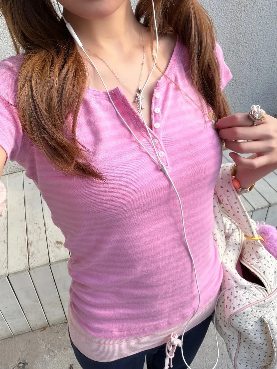Pink Striped Button T-shirts Women Summer Cotton Slim Preppy Style Cute Crew Neck Short Sleeve Tees Sweet Fashion Y2K Tshirt