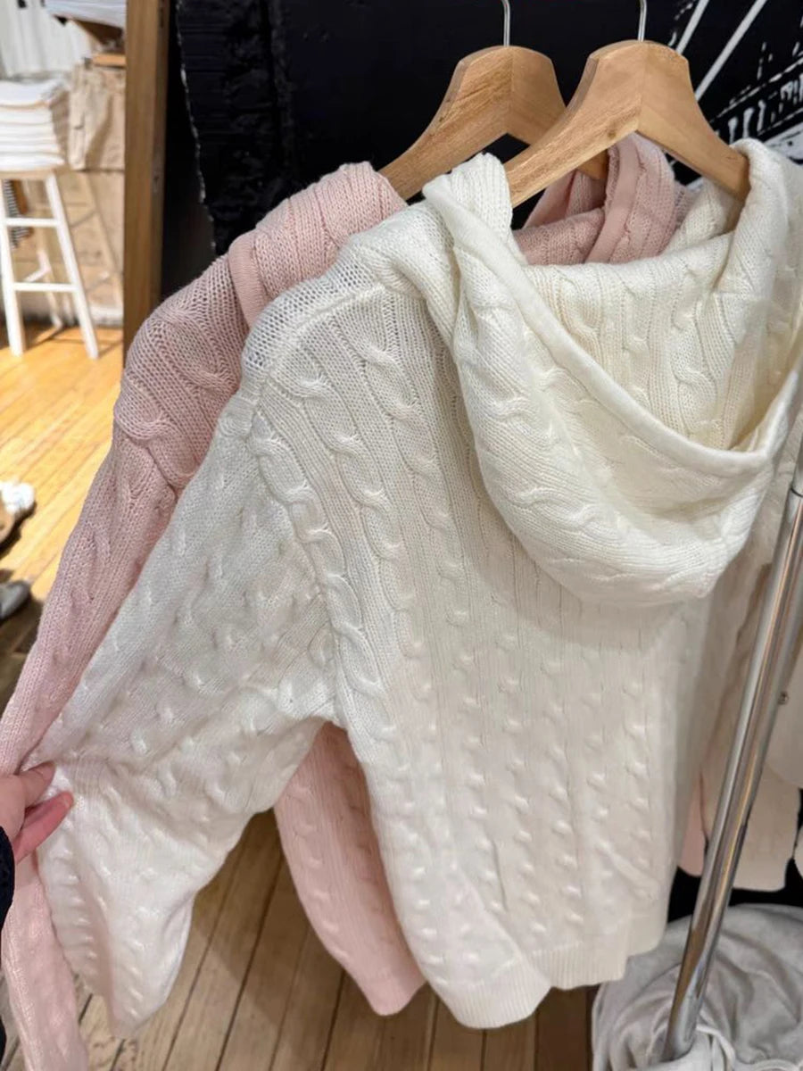 Simple Solid Twisted Flower Knit Cardigan Sweater Women Autumn Long Sleeve Pocket Hooded Zipper Coat Sweet Preppy Style Knitwear