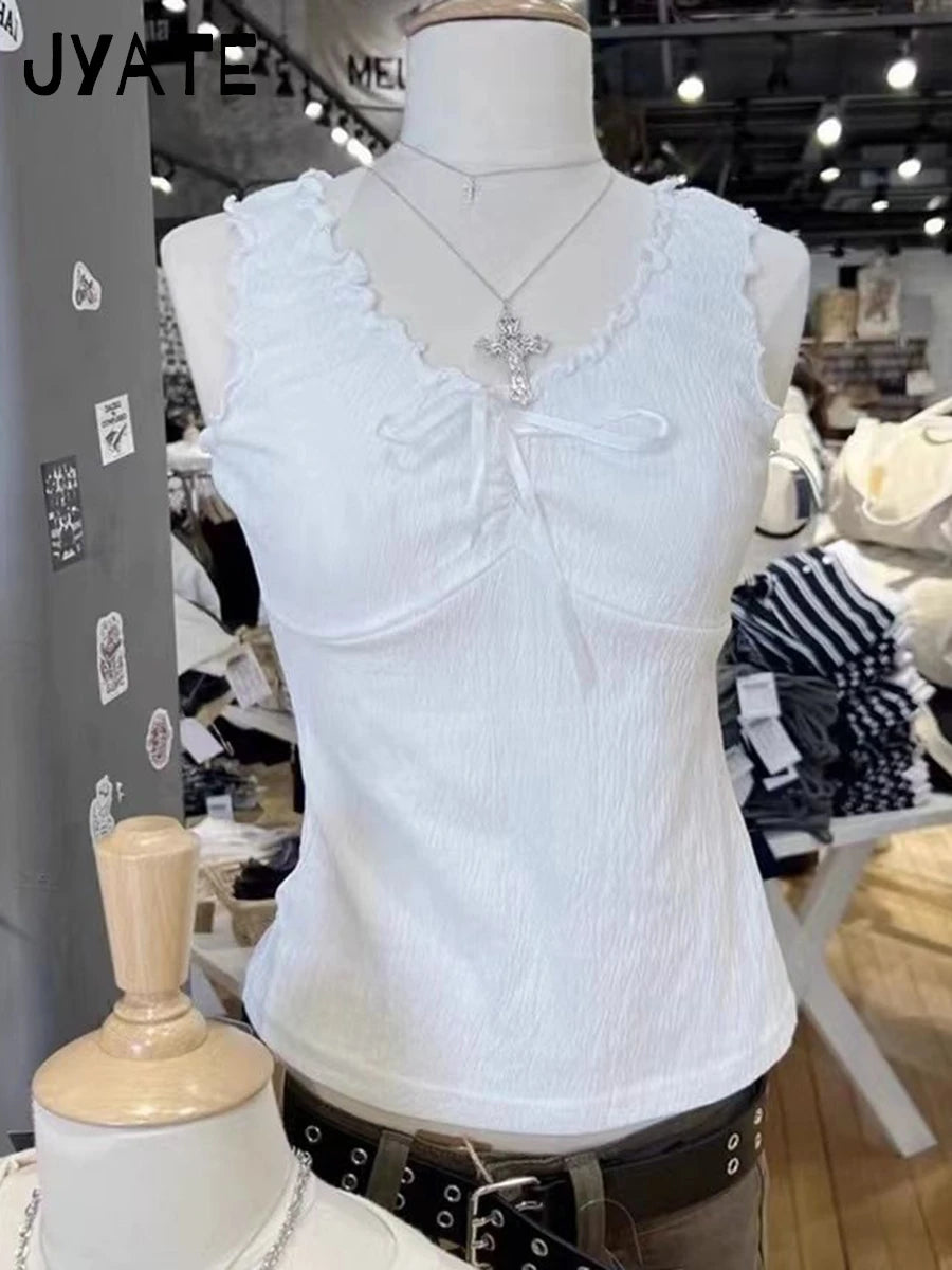 Sweet Blue Ruffles V-neck Cropped Vests Women Summer Casual Slim Folds Bow Sleeveless Tank Tops Sweet Preppy Style Camisole Y2K