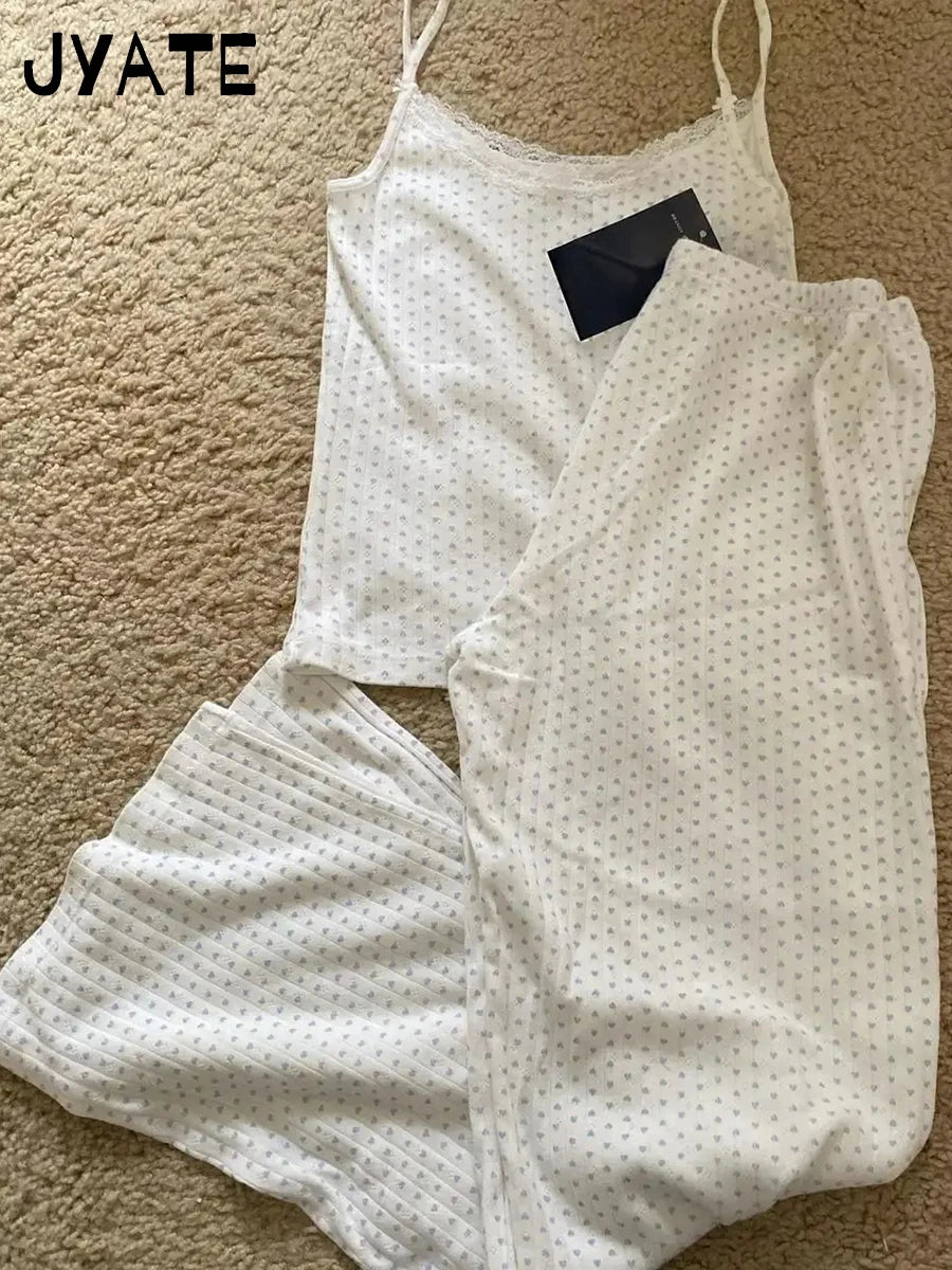 Pink Heart Slim Home Pajama 2 Piece Sets Women Summer Lace Trim Bow Camis+Cozy Straight Trouser Sweet Preppy Style Tank Pant Set