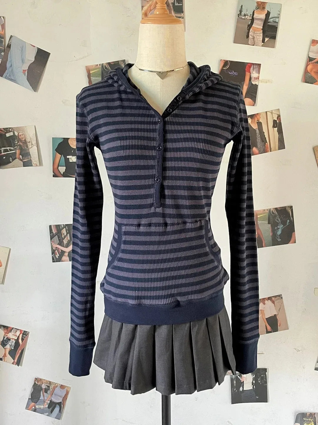New Waffle Hooded T-shirt Women Casual Button Cotton Slim Long Sleeve Tee Shirt Vintage American Preppy Style Tshirt Y2k