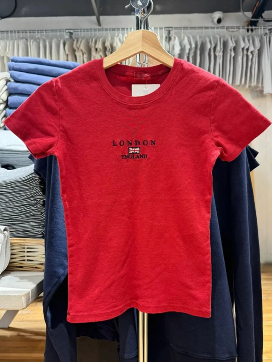 Vintage Red Letter Flag Embroidery Cotton T-shirt Women O-neck Summer Short Sleeve Tee Shirt American Slim Casual Crop Y2K Top